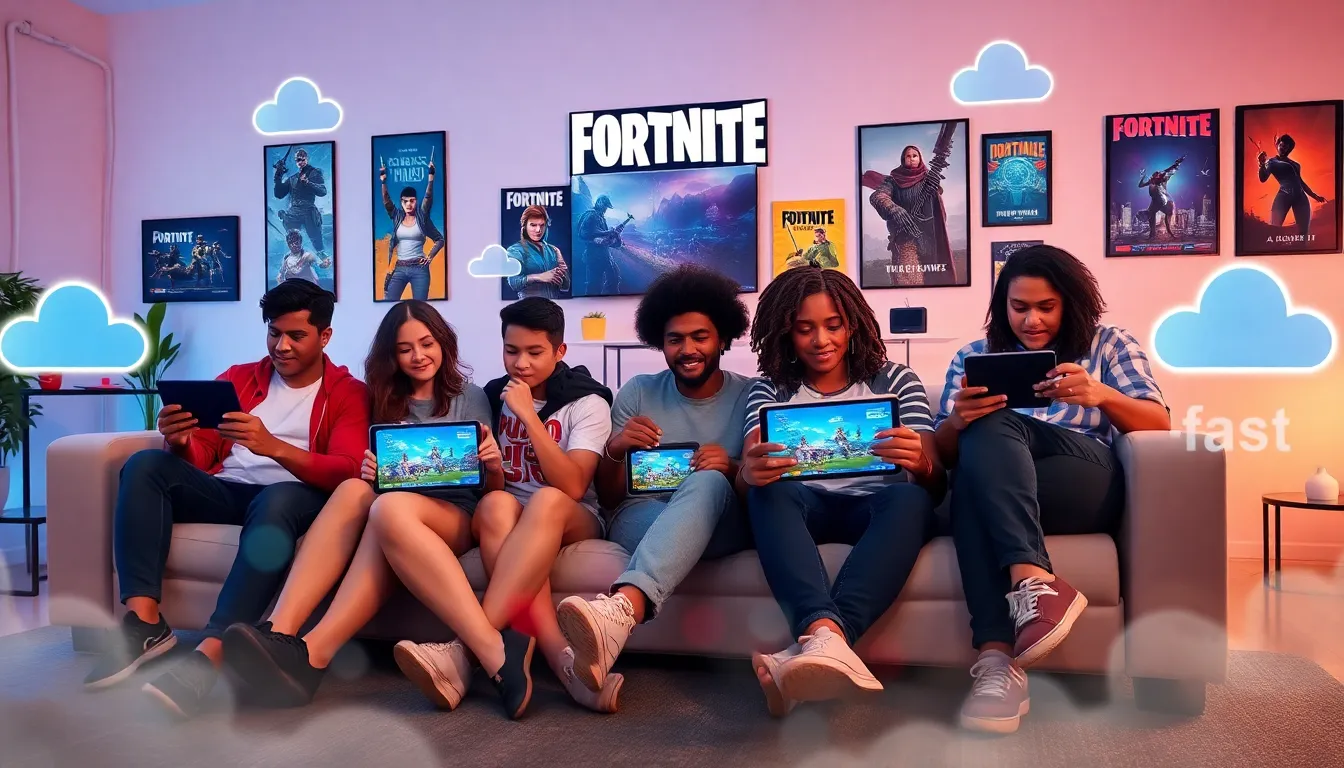 diverse group gaming in a modern living room.