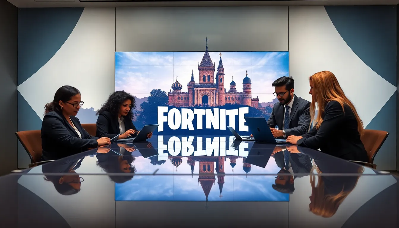 diverse team discussing Fortnite’s origins in a modern office.