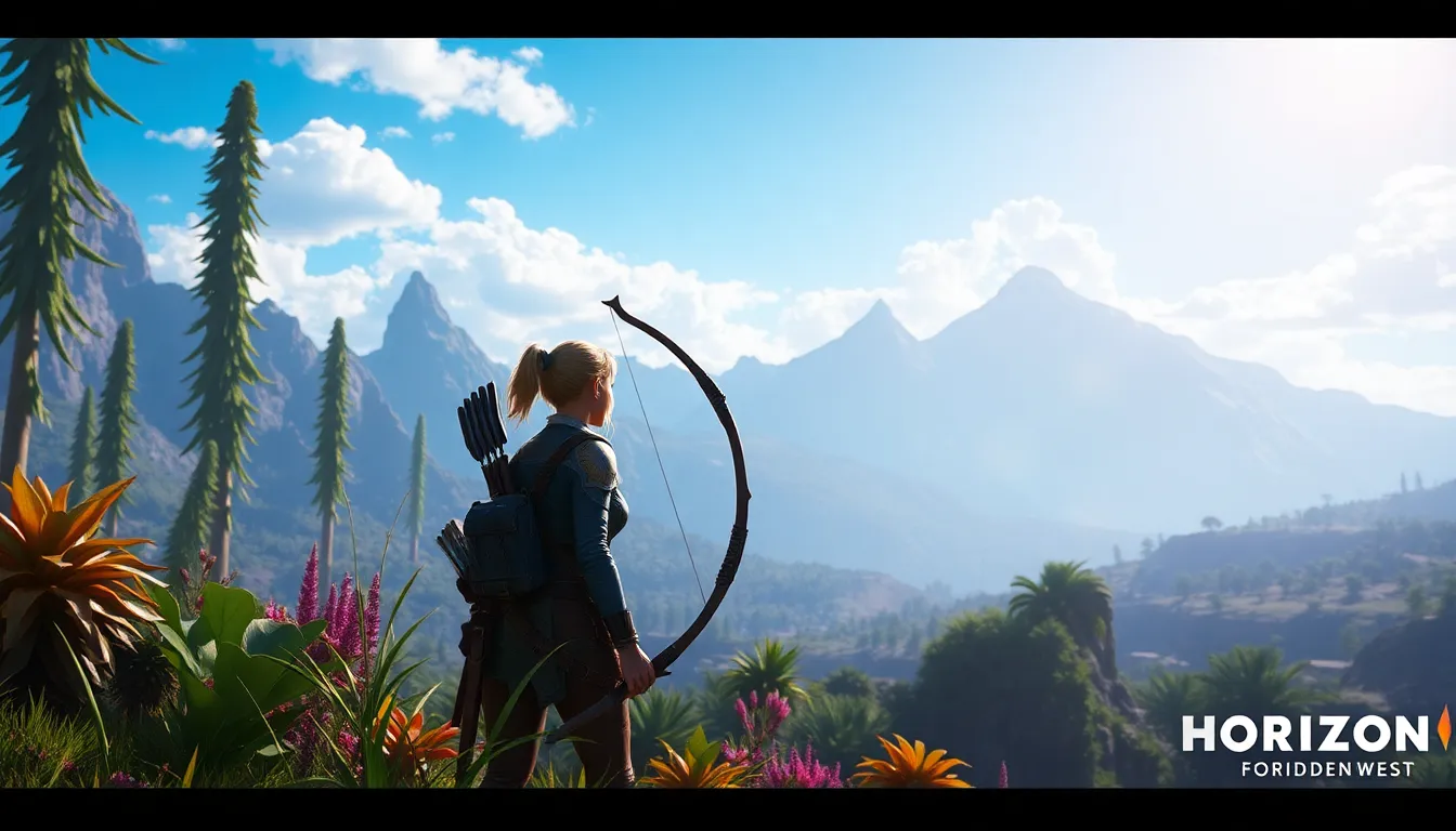 Female character in a lush, futuristic landscape inspired by Horizon Forbidden West.