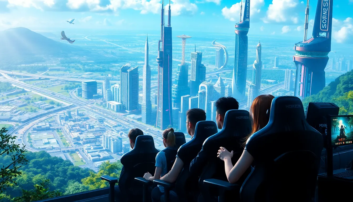 gamers engaging with advanced tech and Horizon-themed visuals.