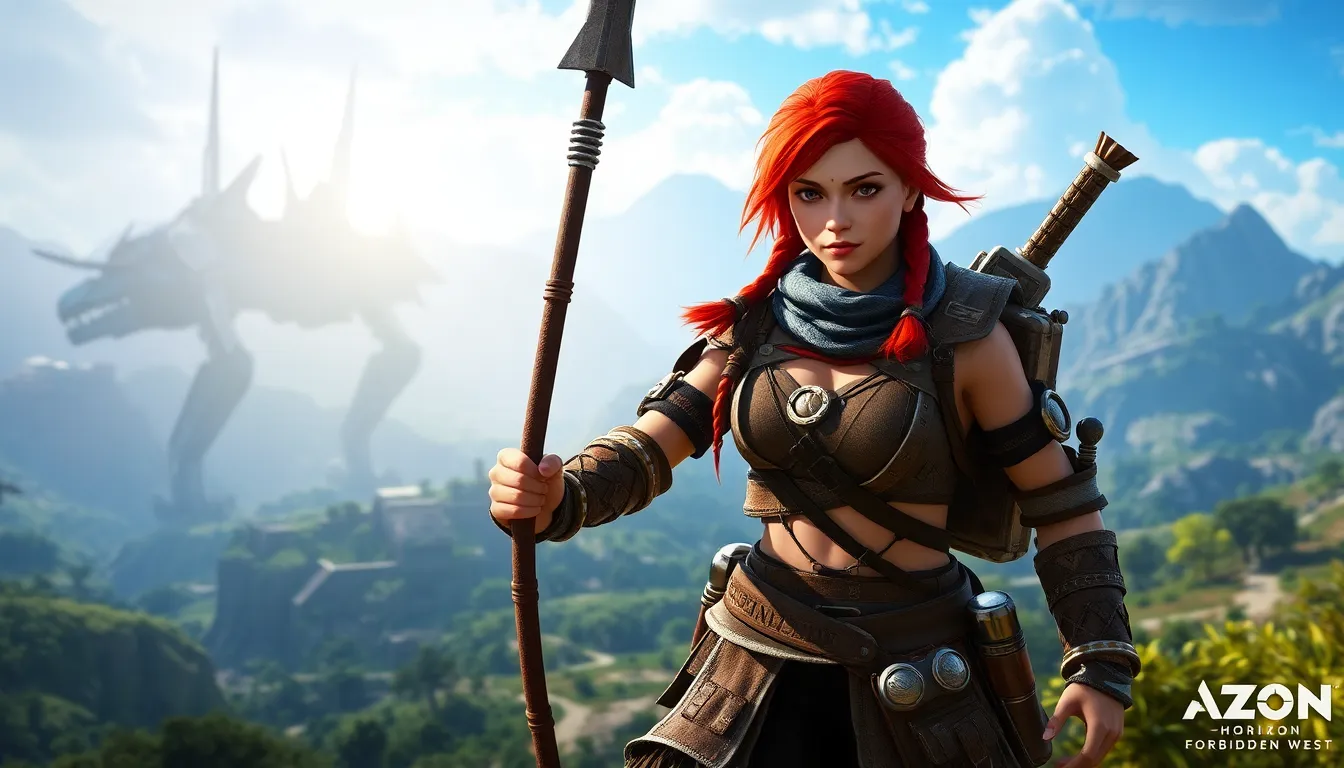 Aloy, a skilled hunter, poised against a dystopian landscape.