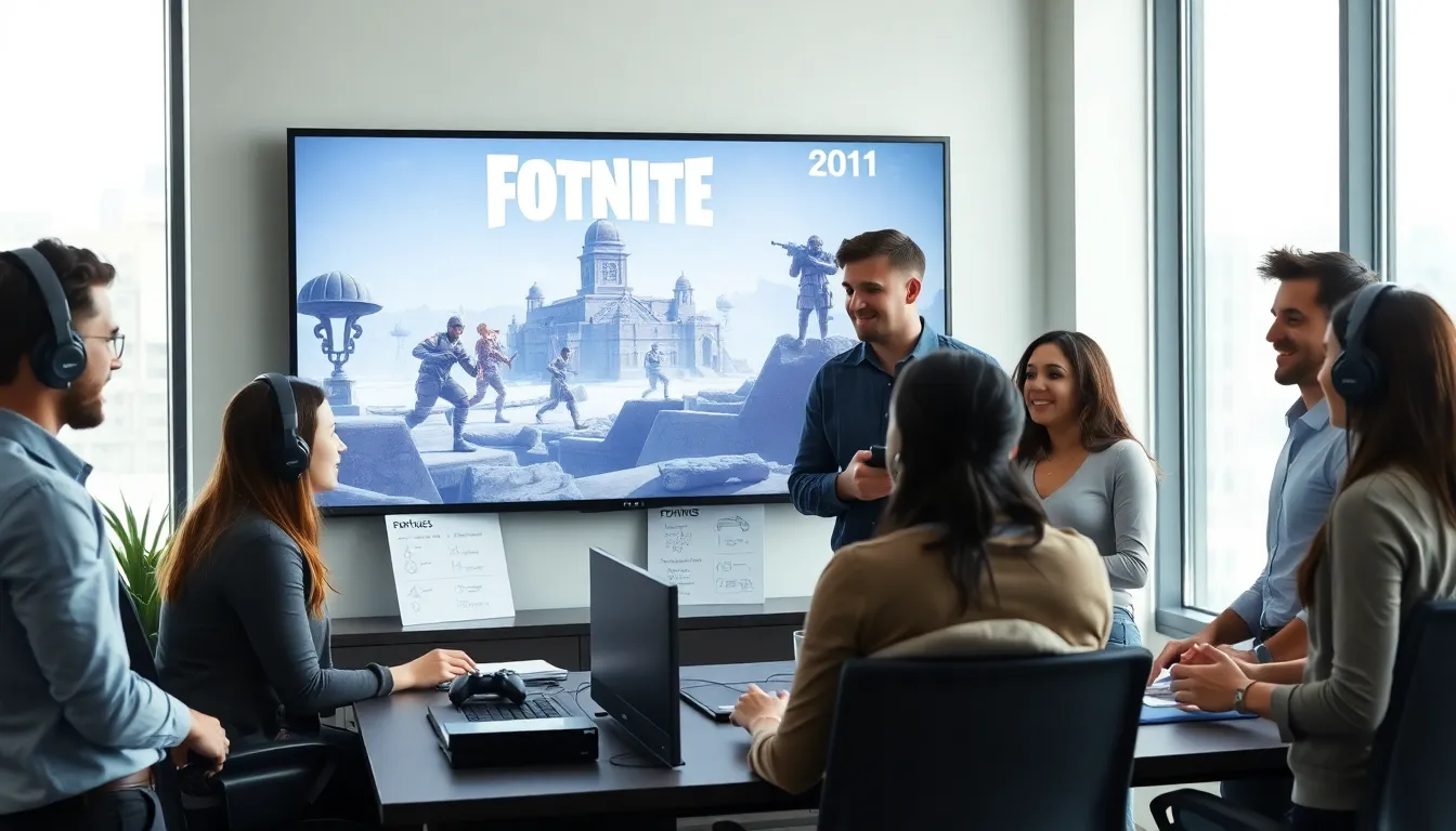 professionals discussing Fortnite's 2011 concept in a modern office.