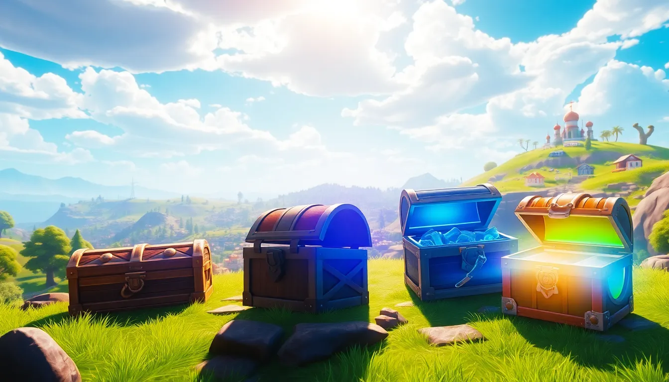 showcasing different types of Fortnite chests in a vibrant landscape.